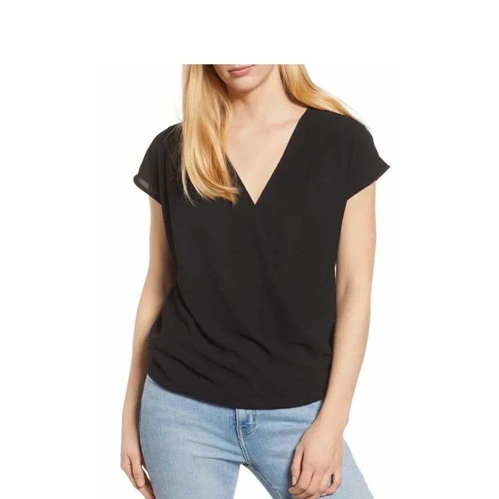 Gibson black draped faux wrap top